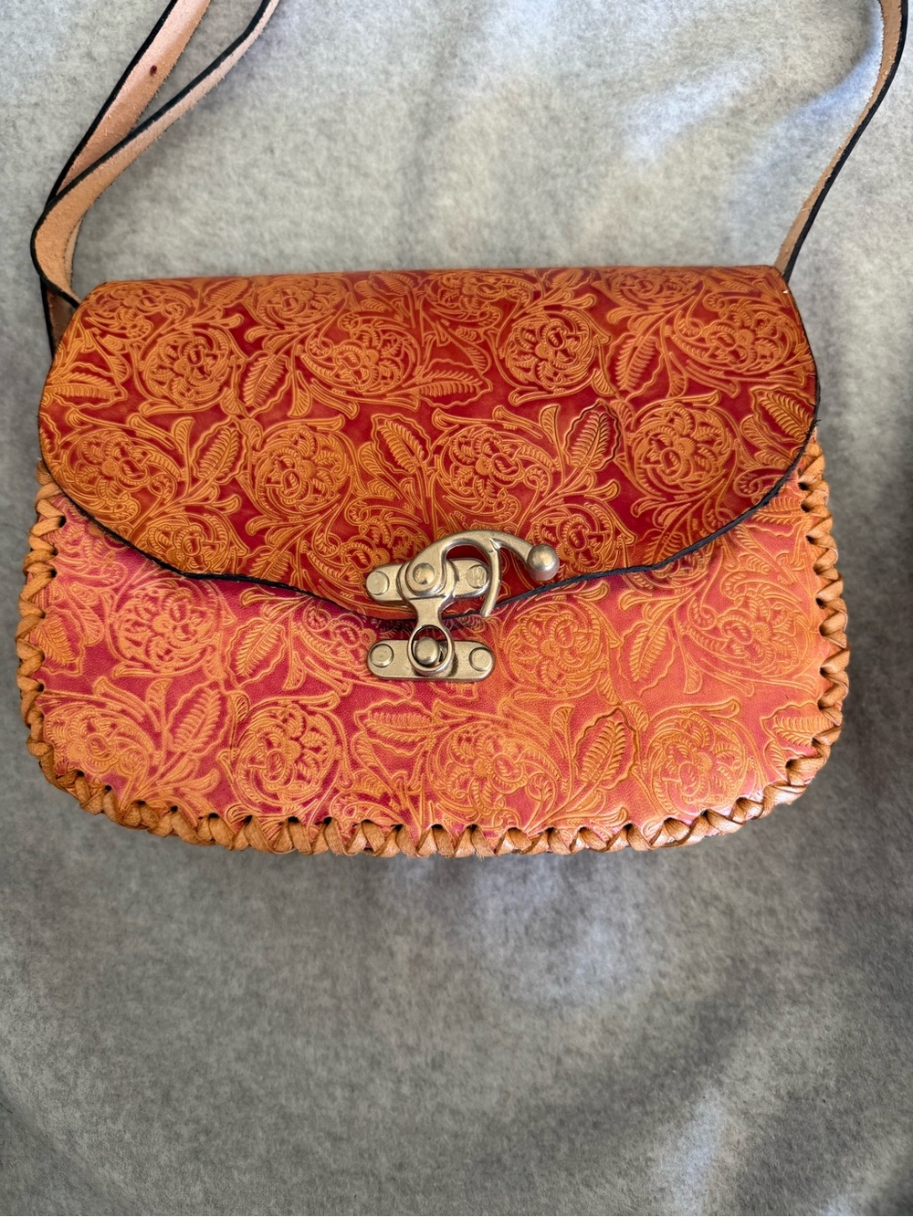 Handcrafted Floral Tooled Leather Crossbody Bag - Orange